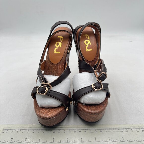 FSJ Brown Open Toe Triple Buckle Straps Clog Heels Studded Platform Sandals - Picture 3 of 8